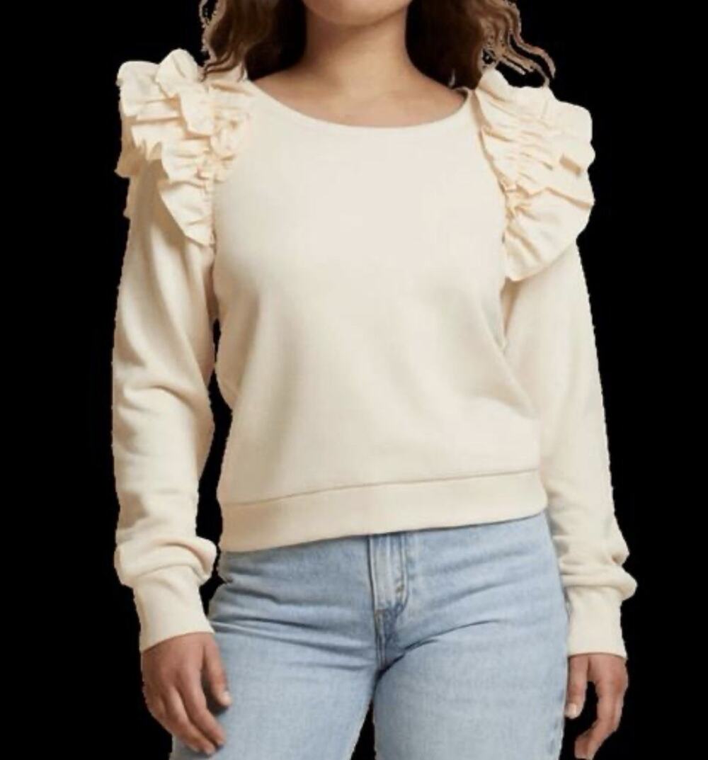 Nation LTD Sweatshirt S Womens Ivory Ruffle Shoulder Long Sleeve Pullover
